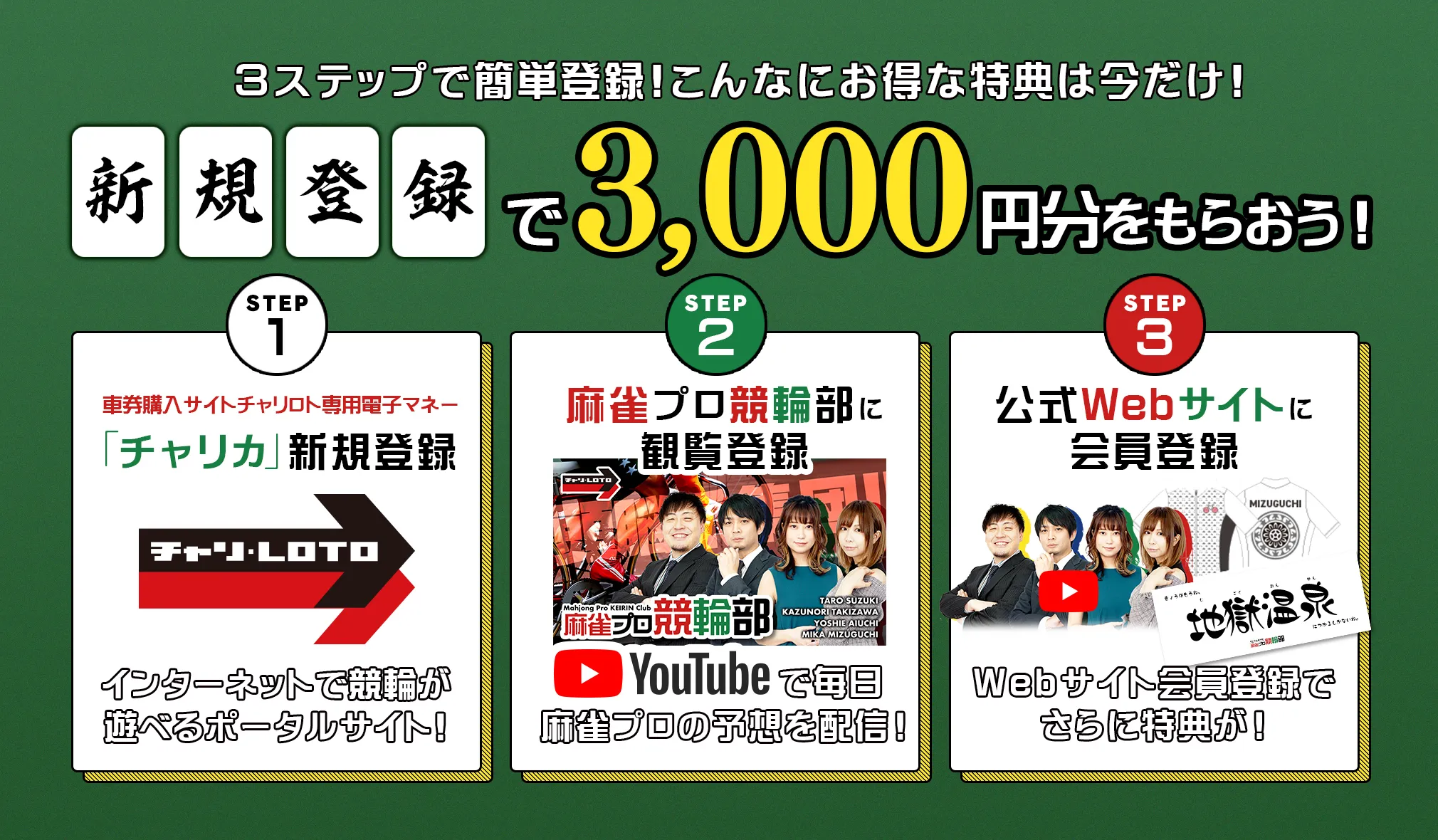 麻雀プロ競輪部に登録すると3000円分の特典&3%のキャッシュバックがずっと続きます!